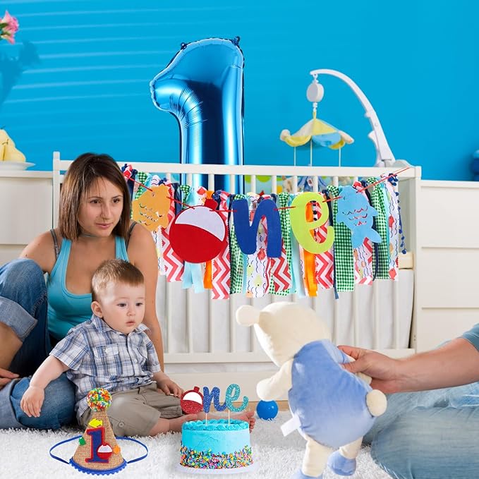Ofishally Highchair Banner for Baby First Birthday Party Decorations Gone Fishing High Chair Tassel Garland Banner Ofishally One Birthday Party Fabric Banner for Boy 1st Bday Photo Props Backdrop Decors