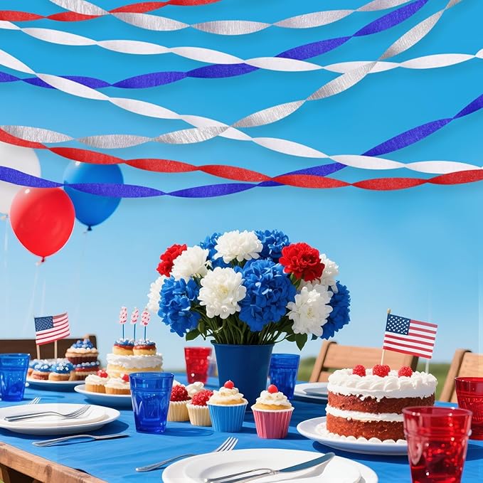 Red White and Blue Decorations, 8 Rolls Streamers Party Decorations Crepe Paper Streamers for 4th of July Decorations, Patriotic Decorations, Memorial Day Decorations, Birthday Party Decor