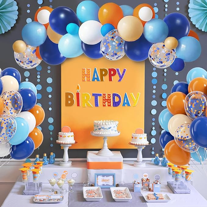 Blue and Orange Balloons, 60pcs 12 Inch Orange Blue White Nude Latex Balloon with Confetti Balloons Ribbon for Baby Shower Graduation Blue Birthday Party Decorations