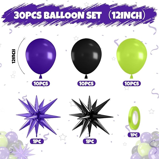 Purple Green Black Balloons, 12 Inch Fruit Green Dark Purple Black Balloons with Star Foil Balloon for Boys 2nd 3rd 4th Birthday Party Baby Shower Decorations