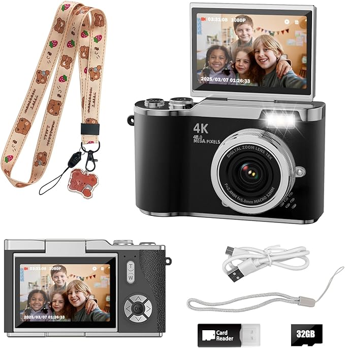 Kids Camera,4K Digital Camera for Photography,48MP 1080P HD Video Selfie Camera,with 180° Flip Screen Flash,with 32GB SD Card,for Starter Kid Children Teen Student Girl Boy(Black)