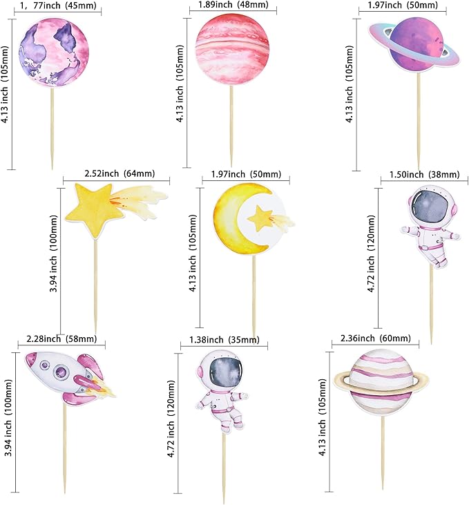 Ephlyn 36Pcs Space Astronaut Cupcake Toppers Space Girl Moon Star Rocket Planet Cupcake Toppers Earth Planet Cupcake Picks Space Theme Gender Reveal Birthday Shower Party Supplies Pink