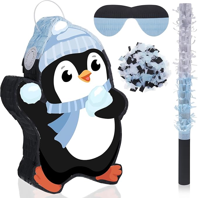 Lewtemi 15.1 Inch Penguin Piñata Penguin Party Favor Supplies Candy Animal Piñata with Stick Confetti and Blindfold Gift for Boy Girl Adults Winter Theme Birthday Party Supplies Decorations (Elegant)