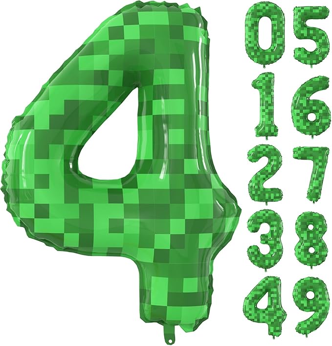 40 Inch Green Pixel Miner Theme Number Balloons Large Birthday Party Number Balloons Mining Gaming for Kids Birthday Party Decoration Supplies (Number 4)