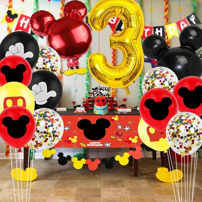 Cartoon Mouse 3rd Birthday Party Decorations - 3 Years Old Boy Party Supplies Includes Birthday Banner Garland, Door sign, Tablecloth, Cake Cupcake Toppers, Mouse Head Balloons, Latex Balloons
