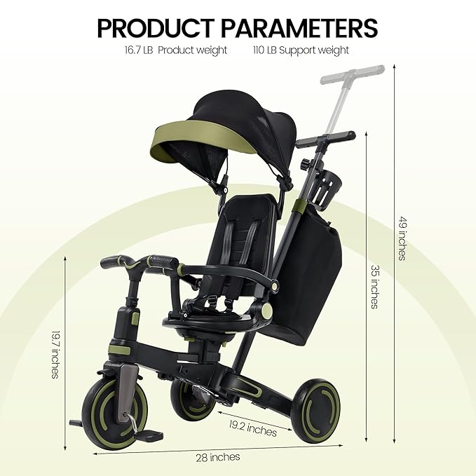 Aneco 9-in-1 Multi-functional Baby Tricycle for Toddlers 10 Months-3 Years with Removable Canopy Rotatable Seat Safety Harness Wheel Brake Adjustable Push Handle Storage Bag Cup Holder Black and Green