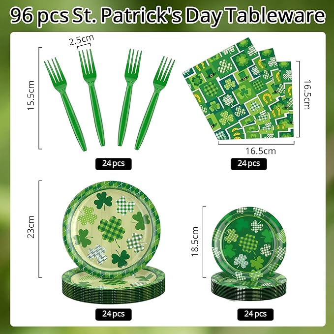 St. Patrick’s Day Tableware Set, 96 Pcs Lucky Green Shamrock Disposable Dinnerware with Paper Plates, Napkins, and Forks for St Patrick Day, Irish Party Supplies- Serves 24