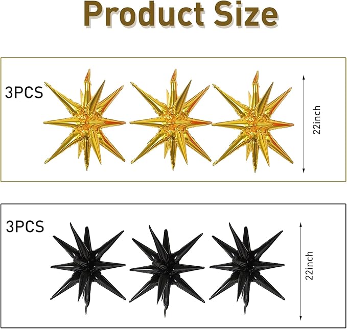 6 Pcs Gold Black Star Foil Balloons One-Piece 14-Pointed Star Balloon 4D Starburst Cone Mylar Balloon 22inch Christmas Birthday Wedding Wedding Anniversary Party Supplies (Gold + Black)