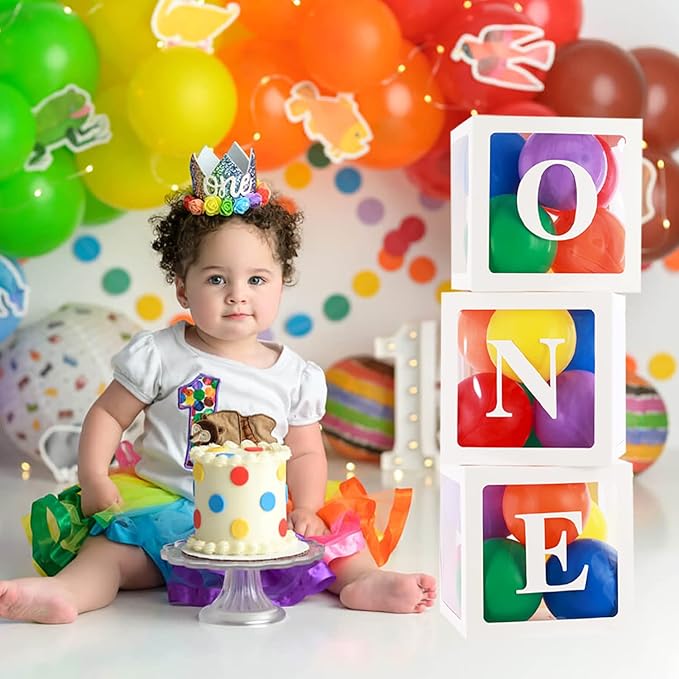 First Birthday Decorations for Boy Girls, ONE Balloon Boxes with Rainbow Balloons, ONE Blocks for Cartoon Watermelon Street Rainbow Theme Baby 1st Birthday Backdrop, Cake Smash Photo Props
