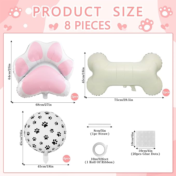 8 Pcs Dog Balloons 30 Inch Bone Foil Balloons Paw Print Balloon Dog Birthday Decorations Pink Dog Paw Balloon Pets Puppy Themed Birthday Party Decorations Supplies