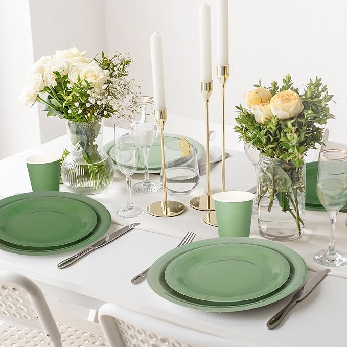 Whaline 96Pcs Sage Green Tableware Set Serves 24 Gradient Green Disposable Dinnerware 24 9" Plates 24 7" Plate 24 9oz Cups 24 Napkins for Wedding Birthday Party Supplies