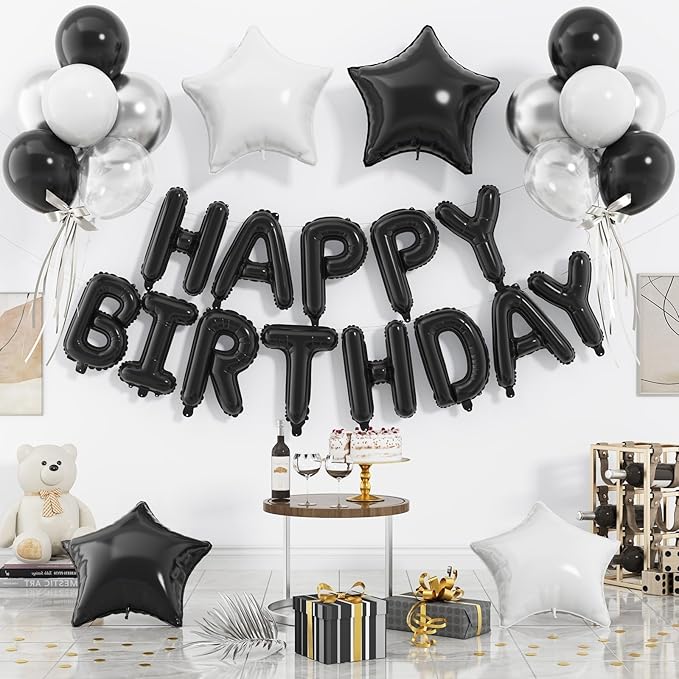 29PC Black Happy Birthday Balloon Banner, 16 Inch 3D Aluminum Letter Banner Sign, Metallic Silver Black White Clear Helium Balloons 18 Inch Star Foil Balloons for Women, Men Party Supply