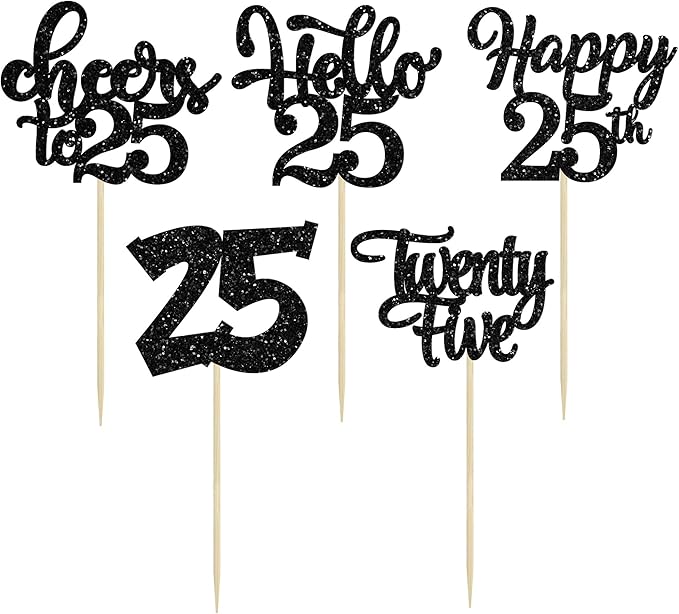 30pcs 25th Birthday Cupcake Toppers - 25th Anniversary Cake Decorations with Black Glitter
