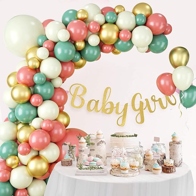 Sage Green Pink Balloon Garland Arch Kit, Green and Retro Pink Metallic Gold Latex Balloons for Baby Shower Wedding Birthday Graduation Anniversary Bachelorette Party Background Decoration