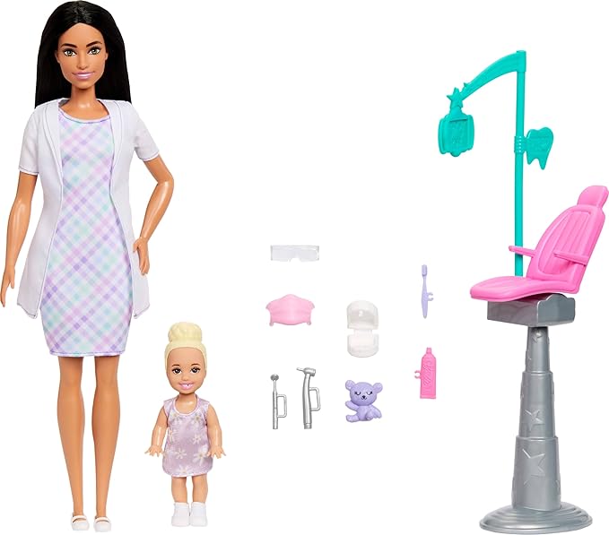Barbie Careers Dentist Playset with Brunette Doll Wearing White Coat, Toddler Small Doll, Examination Chair & Accessories