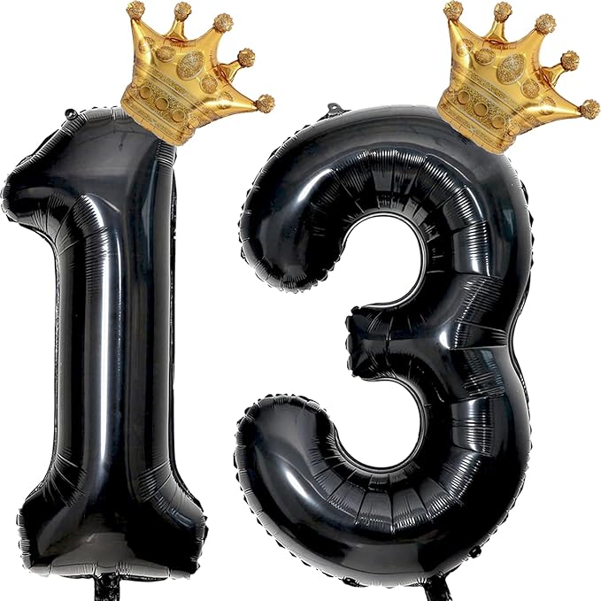40 inch Large Black 13 Balloon Number with Gold Crown Balloons 13th Birthday Big Foil Mylar Helium Balloon for Boys Girls 13th Birthday Anniversary Decorations Supplies Favors(Number 13 Balloons）