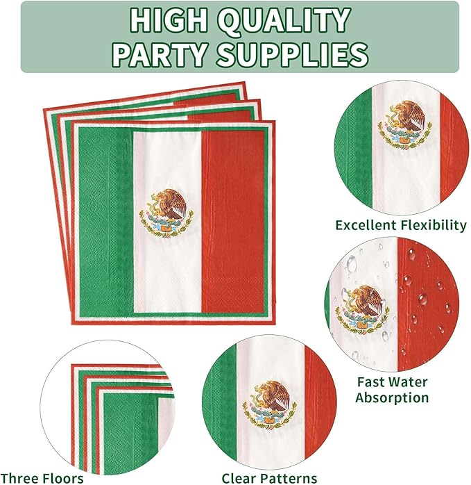 Grencian 96Pcs Mexico Flag Birthday Party Supplies Mexican Flag Party Plates Napkins Forks for Mexican Birthday Party Mexican Independence Day Decorations, Serves 24