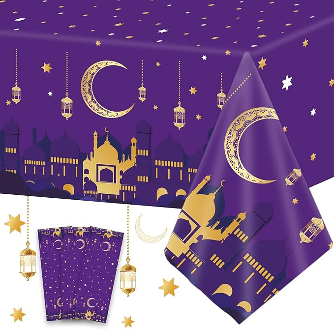 3 Pieces Ramadan Mubarak Tablecloths for Eid Mubarak Decorations Plastic Disposable Happiness Ramadan Eid Al-fitr Party Table Covers for Rectangle Tables Ramadan Party Favors, 54 x 108 Inches（Purple）