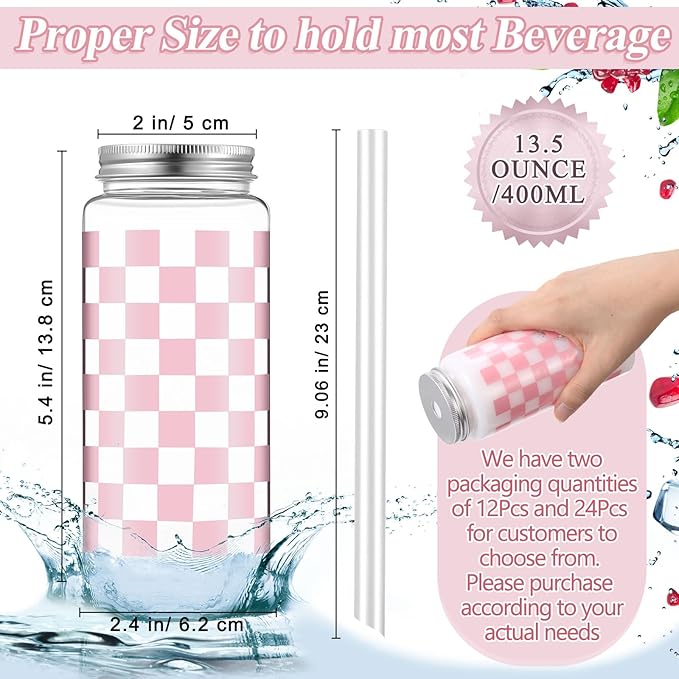 Patelai 24 Pack Light Pink Gingham Cups 13.5 oz Clear Pink Checkered Plastic Cups with Lid and Straw Reusable Plastic Plaid Tumbler for Baby Shower Wedding Birthday Bachelor Party Supplies