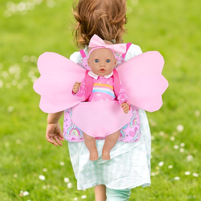 Ecore Fun 18 Inch Doll Backpack Carrier Set, 6PCS Doll Clothes & Fashion Accessories with Pink Backpack Carrier Bag, Headband, Bracelet, Outfit & Stickers