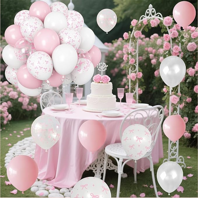 Pink Bow Balloons Light Pink and White Balloon 12inch Clear Bow Balloons Coquette Girls Birthday Party Decorations Latex Helium Balloon for Arch Bridal Shower Bachelorette Weddiing Decor