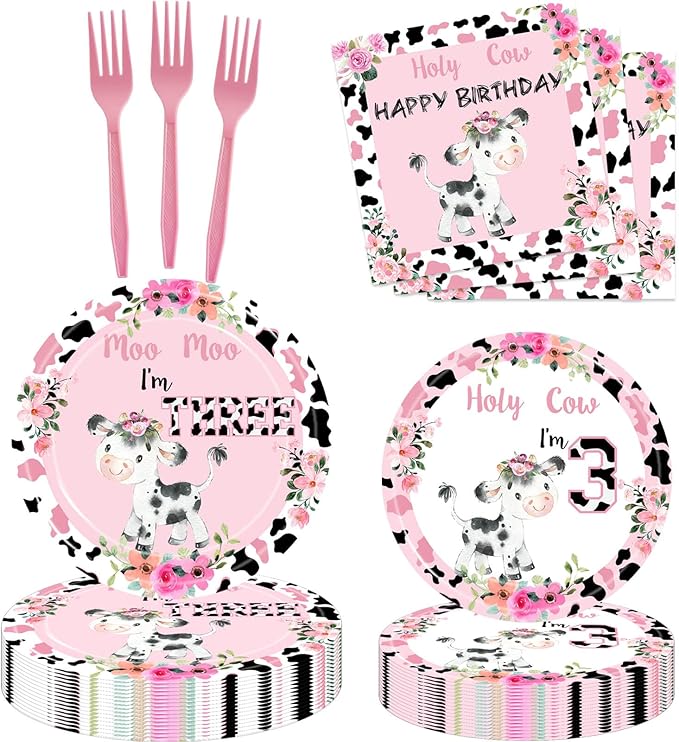 Holy Cow I'm Three Girls Birthday Party Plates Cow Three Years Old Paper Dinner Plates Dinnerware for Farm Animals Cow Themed Girls 3rd Birthday Party Supplies Decorations