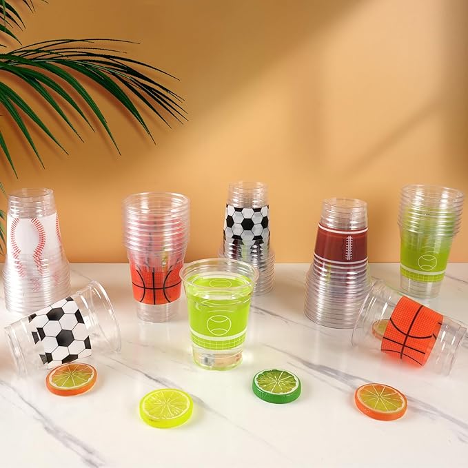 100Pcs Sports Party Decoration Cups, 12Oz Sports Plastic Disposable Cups for Football Soccer Basketball Baseball Birthday Party Decorations Supplies Favors