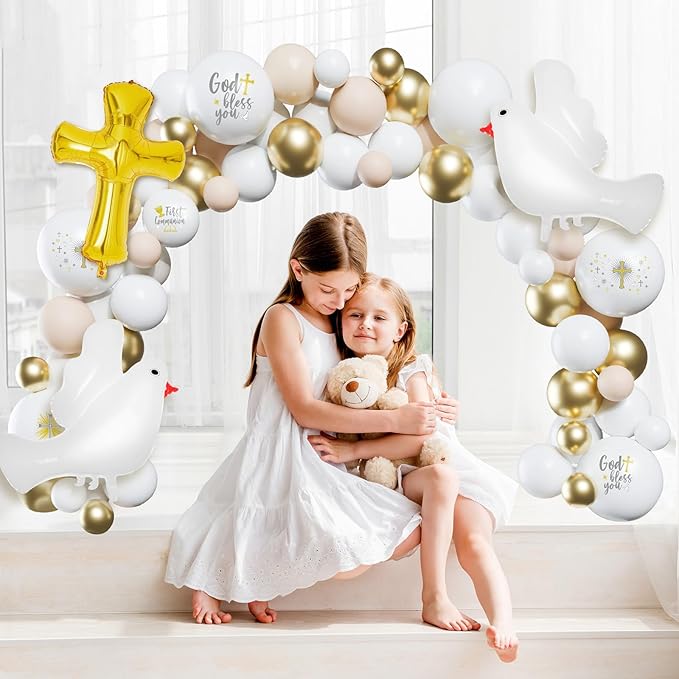169 Pcs First Communion Decorations Balloons Kit Baptism Party Decorations White Metallic Gold Balloons Arch Kit First Holy Communion Decor for God Bless Christening Birthday Theme Party Supplies