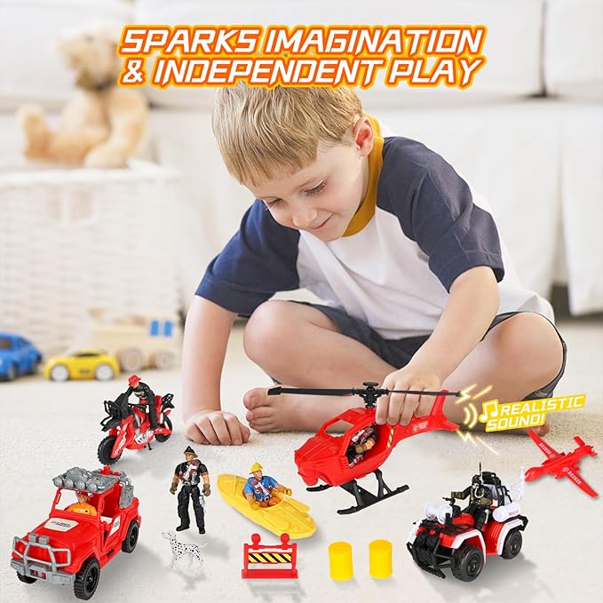Kids Firefighter Action Figures Playset, Fireman Figures Toys with Tools, Red Fire Trucks, Army Vehicles, Helicopter, Soldiers Accessories, Play Mat, Birthday Gift for Boys