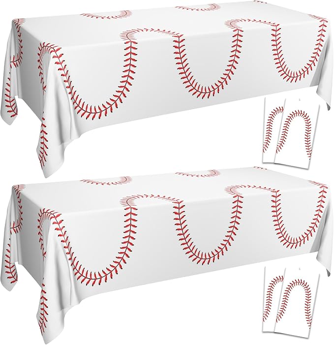 Baseball Tablecloth - White Baseball Tablecloth Plastic Disposable Decorations for Game Day Sports Theme Party Supplies, 4 Pack, 51'' x 86''