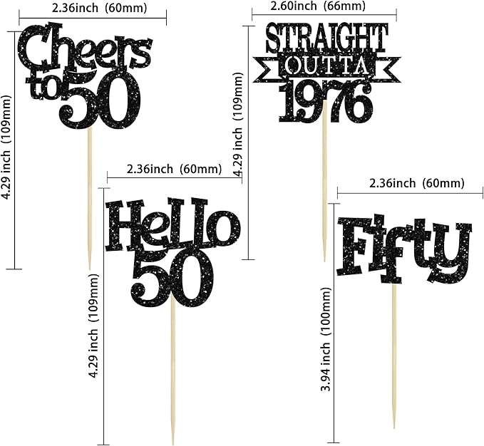 Ephlyn 24Pcs Happy 50th Birthday Cupcake Toppers Glitter Straight Outta 1976 Cupcake Picks Hello 50 Cheers to 50 Years Birthday Cake Decorations for 50th Birthday Anniversary Party Supplies Black