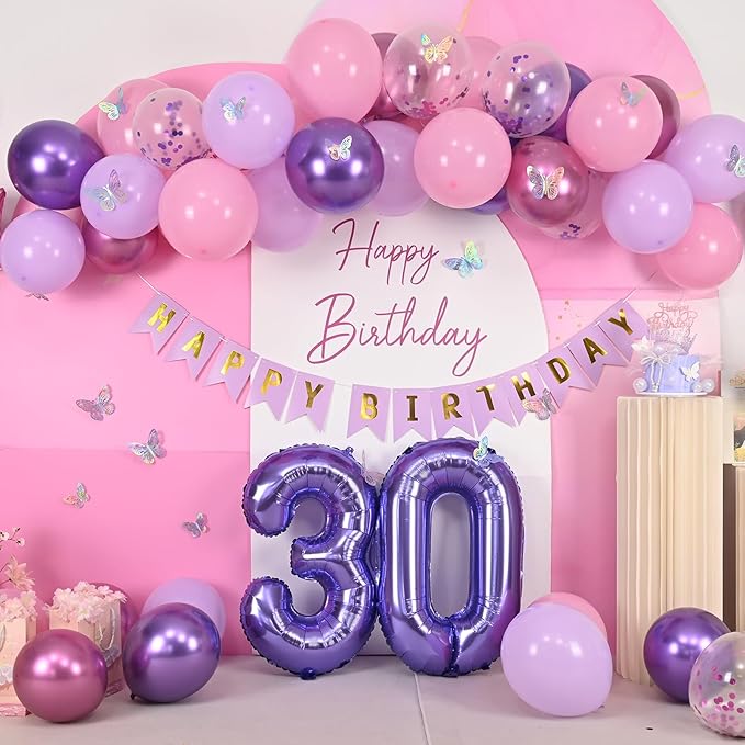 30th Birthday Decorations for Her,Pink Purple 30th Birthday Decorations Butterfly Birthday Decor Happy Birthday Banner Number 30 Balloons Cake Topper Butterfly 30th Party Decorations for Women