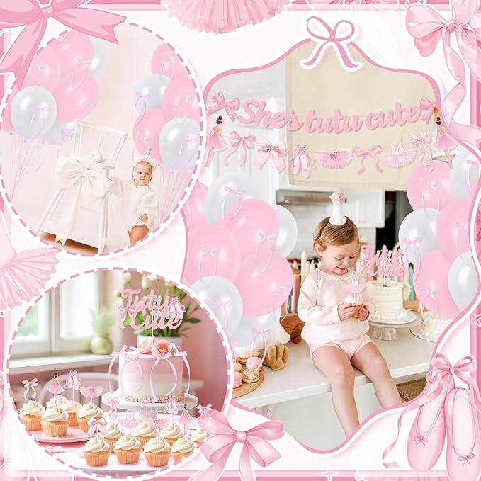 Pink Bows Ballet Girls Birthday Party Decorations, She's Tutu Cute Ballerina Theme Birthday Party Banner Cake Toppers Balloons for Two Two Cute 2nd Bday Baby Shower Tutu Dancing Girls Party Supplies