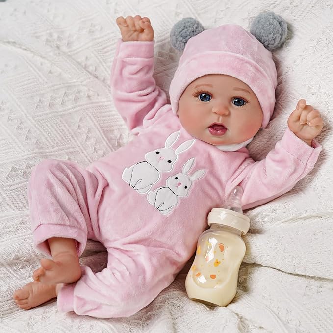BABESIDE 2 Pcs Reborn Baby Doll Clothes with Hat for 17-22 Inch Babydolls, Cute Bunny Pattern Baby Dolls Outfits Doll Accessories fit Realistic Babydoll Girls, Pink