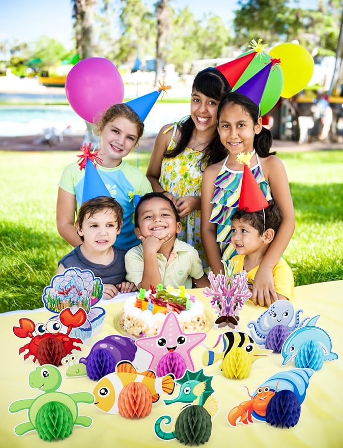 12 Pcs Under The Sea Party Decorations, Sea Animals Honeycomb Centerpieces Ocean Fish Centerpieces for Table Beach Table Decorations for Baby Shower Sea Creatures Theme Birthday Party Supplies