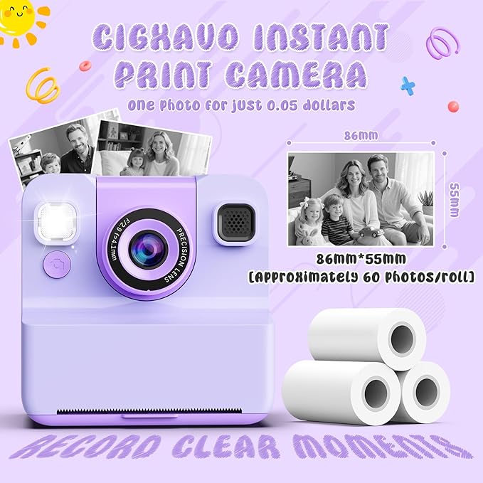 Kids Camera Instant Print Toys for Teenage Girls :Flip-Up Cameras Gift for Girls Ages 3-16 (for Christmas Or Birthday),1080P HD Digital Video Instant Print Cameras with 3 Rolls Paper & 32Gb-Purple