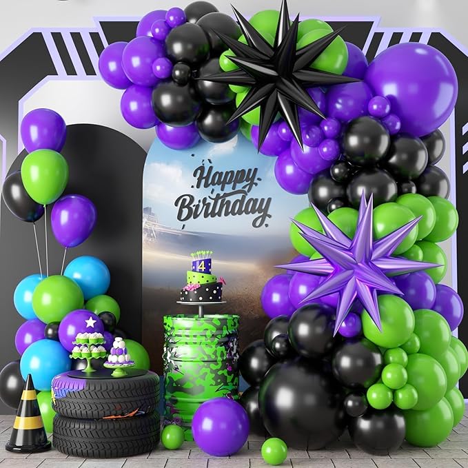 Black Purple Green Balloon Arch Kit, Star Foil Balloons for Kids Boy Monster Theme Birthday Decorations Baby Shower Wedding Anniversary Engagement Graduation Celebrations Party Supplies