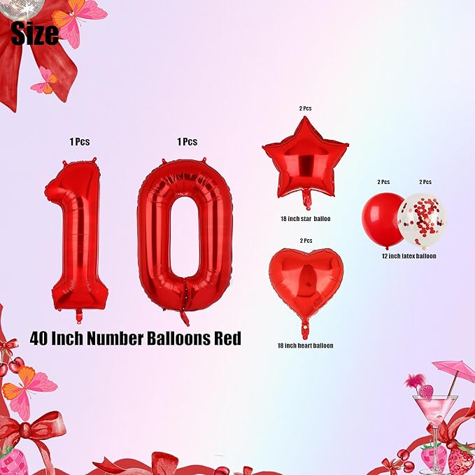 40 Inch Red Number Balloons 10 Mylar Foil Helium Digital Balloon 10th Anniversary Event Celebration 10th Birthday Party Decor Supplies 10 Pcs