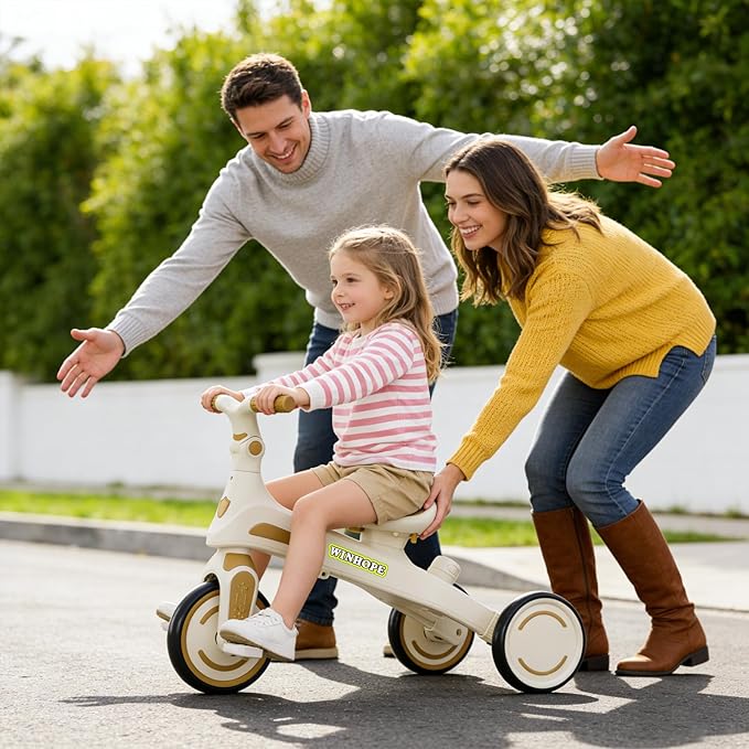 Winhope Kids Tricycle, 6 in 1 Baby's Tricycle Toddler Trike with Adjustable Push Handle, Reversible Seat and Canopy, Baby Stroller for 1-6 Year Olds, Suitable for Outdoor Activities (Beige)