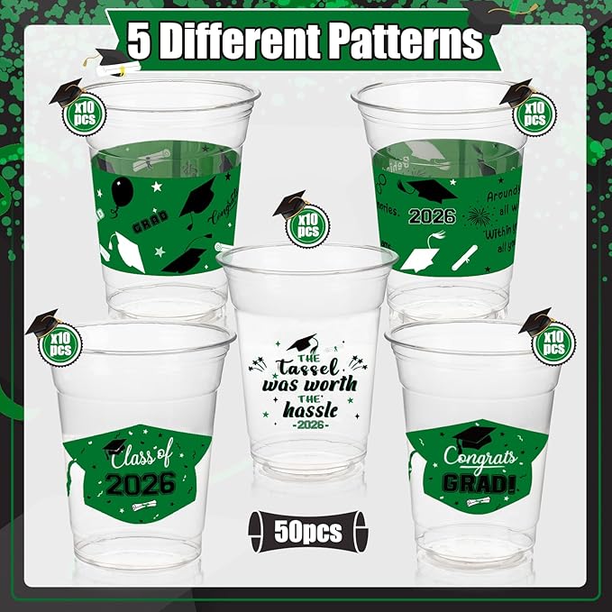 GuassLee Black and Green Graduation Decorations 2026 Party Cups - 50pcs 12 Oz Black Green Disposable Graduation Plastic Cups for Drinks Class of 2026 Grad Party Supplies