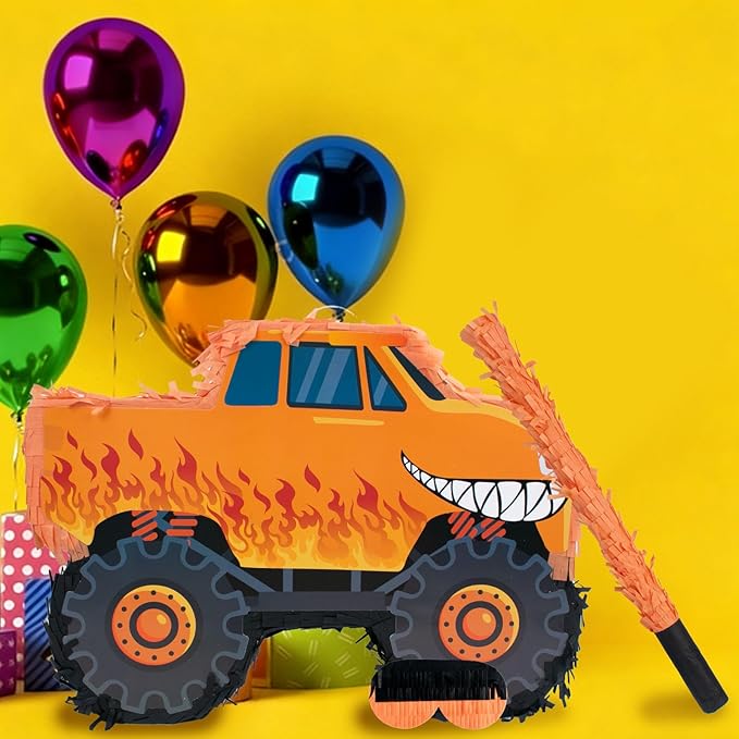 Truck Piñata - Monster Truck Piñata Bundle with Blindfold and Bat for Piñata Theme Party Decoration Supplies Cool Car Piñata for Birthday Party Carnival Celebration Game (15.75*11*2.36 Inch,Small)