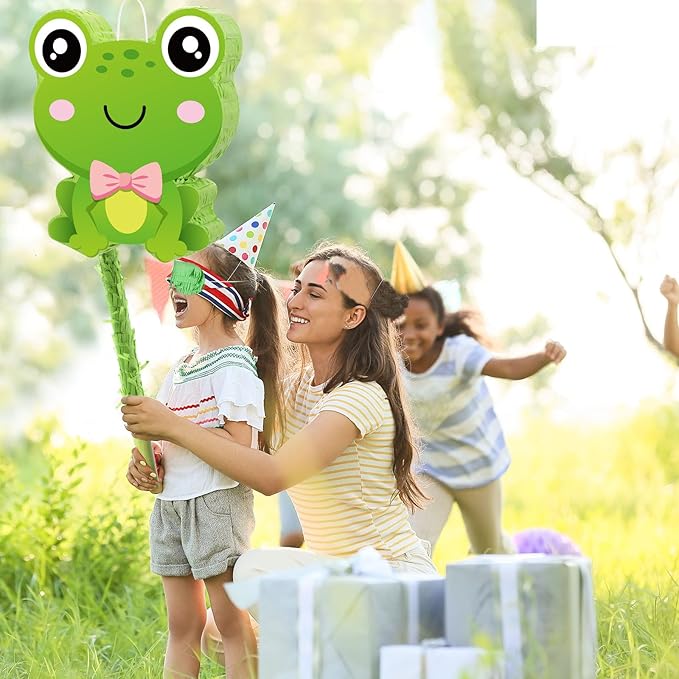 Aoriher Frog Piñata with Stick Blindfold & Confetti - Birthday Party Favors Decorations for Animal Theme Party Supplies Toys Outdoor Games, 15 x 13 x 3.2 Inch