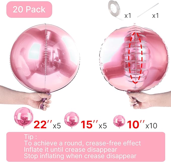 PartyWoo Pearl Pink Foil Balloons 20pcs Different Sizes Pack of 22 15 10 Inch Large Round Foil 4D Inflatable Mirror Ball Mylar Balloons for Baby Shower Birthday Gender Reveal Party Decorations