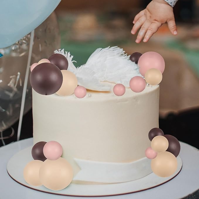 Gyufise 30Pcs Mini Balloon Cake Topper Brown Foam Ball Cake Topper Decorations Faux Pearl Balls DIY Cake Insert Topper Baking Decoration for Wedding Baby Shower Girls Boys Birthday Party Supplies