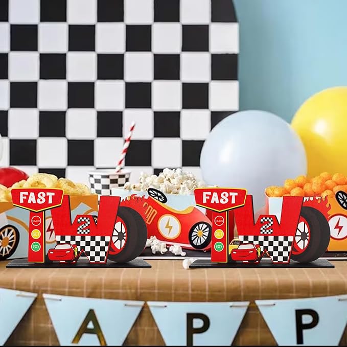 Race Car Fast Two Letter Sign Table Centerpieces for Boys 2nd Birthday Decorations,Boys Two Year Old Birthday Supplies Favors Party Photo Booth Props(2 Set)