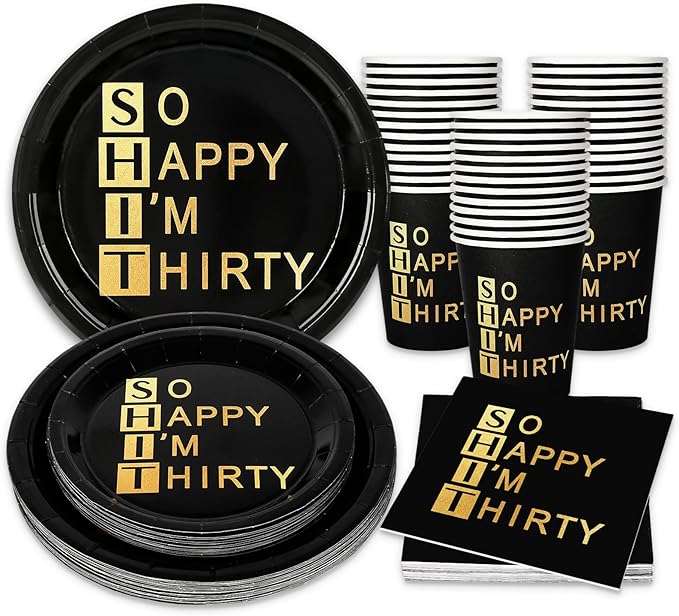 Whaline 96Pcs 30th Birthday Party Supplies Kit Black Gold Paper Tableware Plate Napkin Cup So Happy I'm Thirty Disposable Dinnerware Set for 24 Guests Party Table Decor