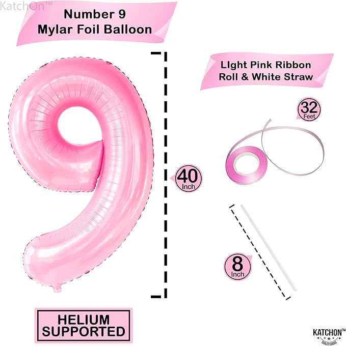KatchOn, Giant Light Pink Number 9 Balloon - 40 Inch | Foil 9 Birthday Balloon for 9th Birthday Decorations | 9th Anniversary Decoration | Pink Party Decoration