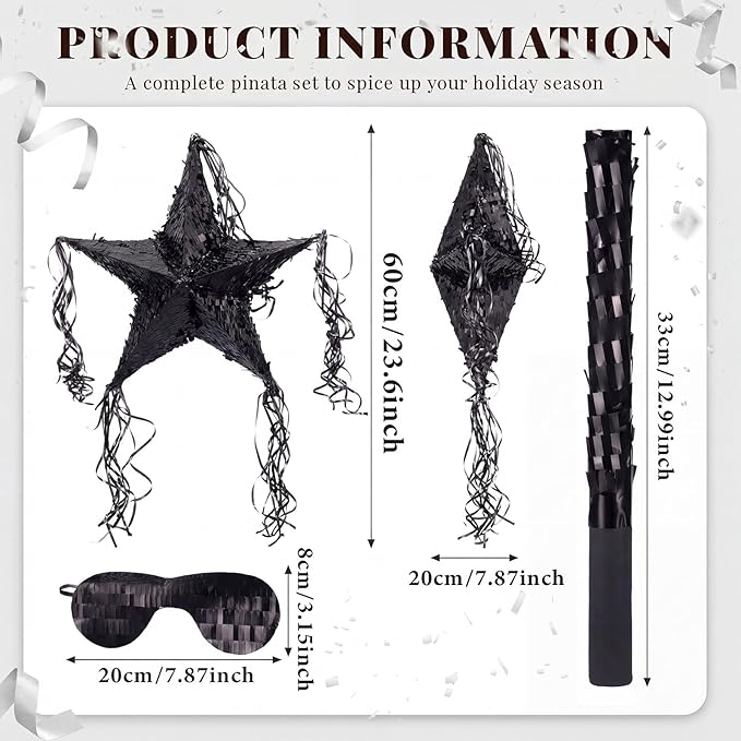 Hanaive Foil Star Piñata with Blindfold and Bat for Birthday Foldable Star Shape Piñata with Stick Festive Fiesta Party Supplies Favors for Mexican Party(Black)