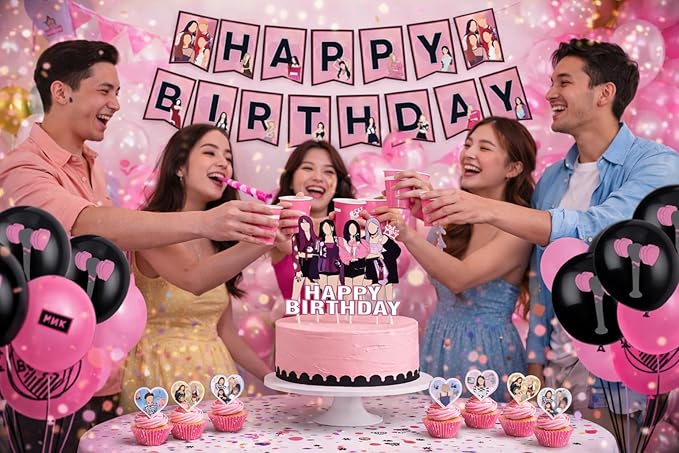 KPOP Black Pink Girl Group Birthday Party Kit Supplies with Cake Topper, Balloons, Banner, Cupcake Toppers & Birthday Sash – Easy Setup Party Supplies for Girls, Teens & Adults