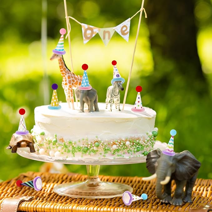 Mini Party Hats for Stuffed Animals Figures Cute Cake Cone Birthday Party Hats with Pom Poms Tiny Party Hats for Stuffed Animals Pets, Accessories